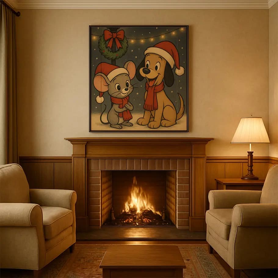 Noel Şapkalı Fare ve Köpek Posteri