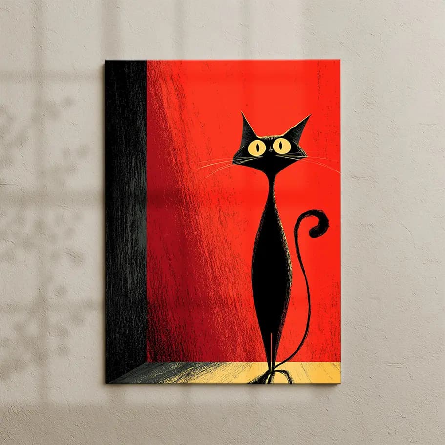 Kırmızı Fonlu Siyah Kedi Tablo Poster – Modern İllüstrasyon