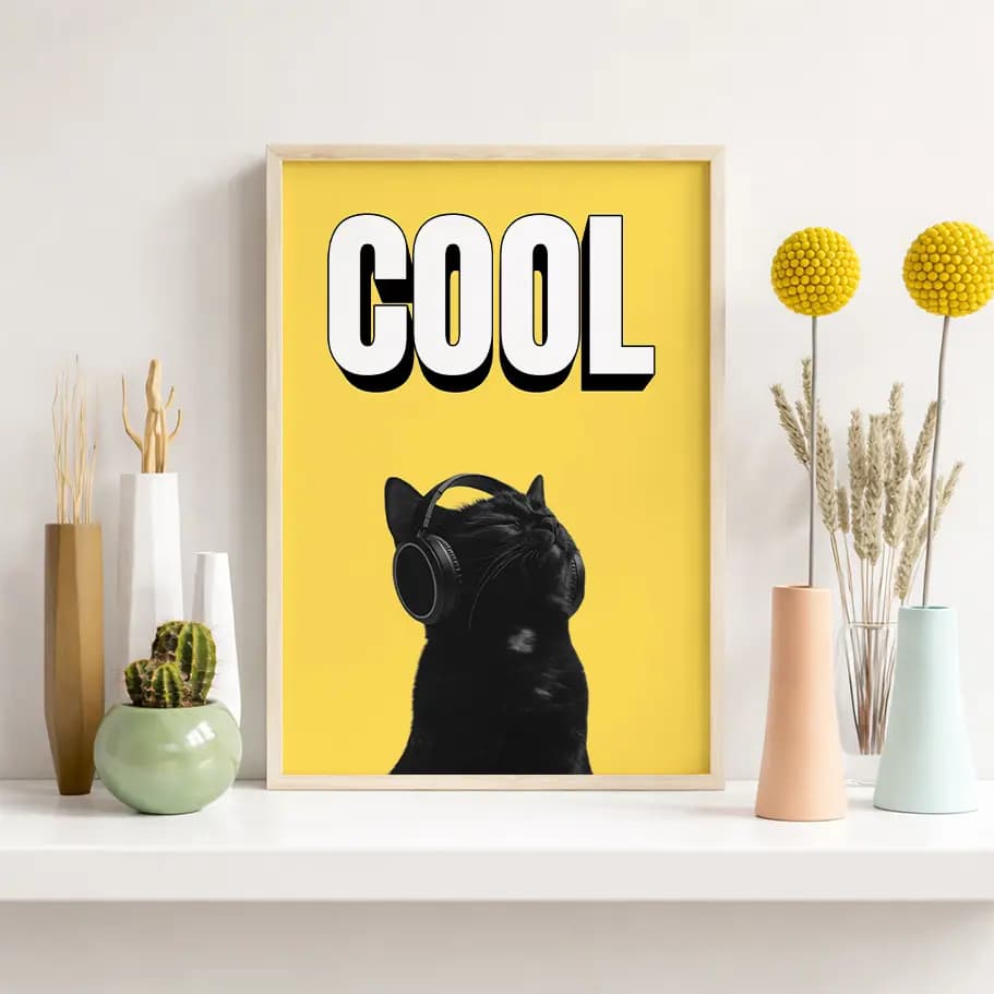Cool Kulaklıklı Siyah Kedi Poster