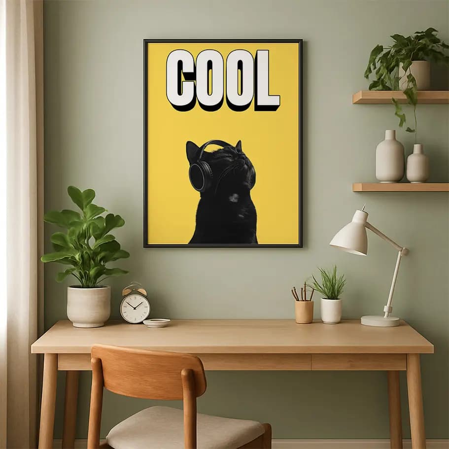 Cool Kulaklıklı Siyah Kedi Poster