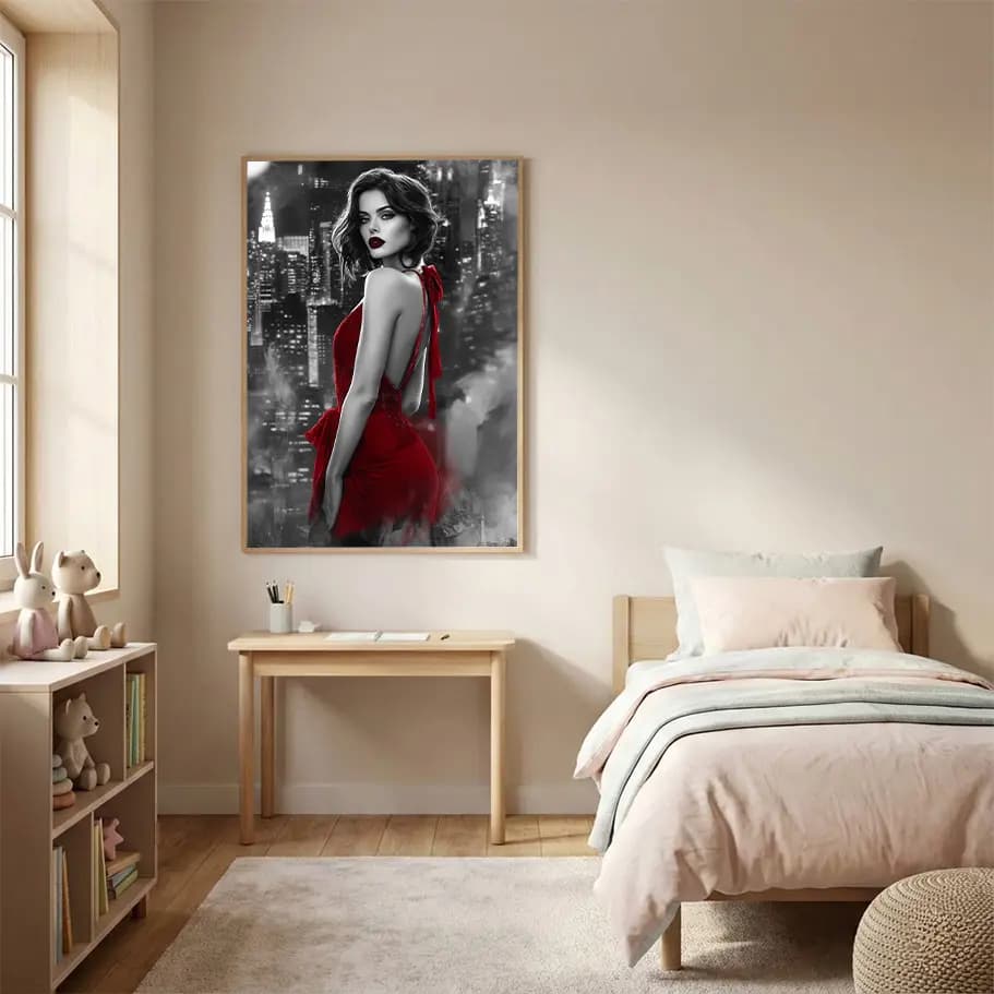 Kırmızı Elbiseli Kadın Kanvas Tablo Noir Siyah Beyaz Şehir Poster