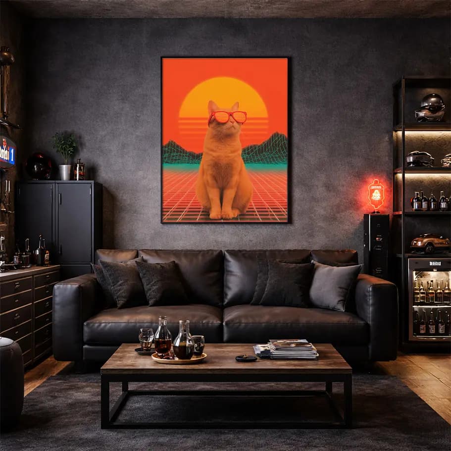 Retro Synthwave Kedi Posteri | Neon Güneş & Grid Tasarım