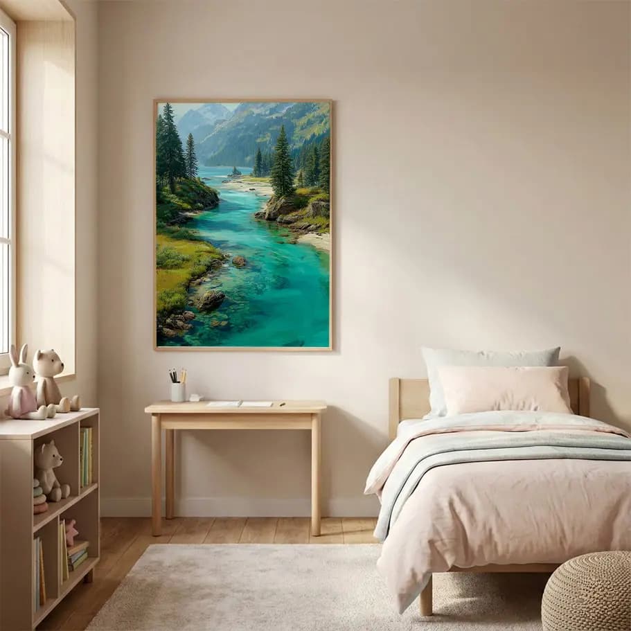 Turkuaz Nehir Dağ Manzarası Posteri