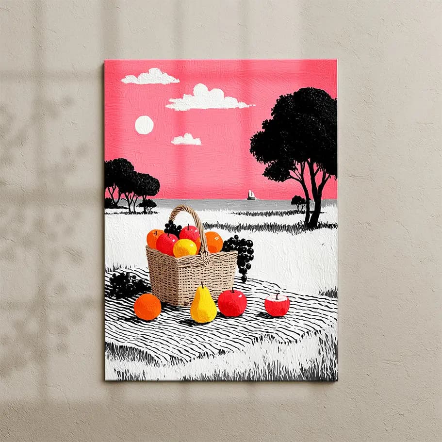 Renkli Meyve Dolu Hasır Piknik Sepeti