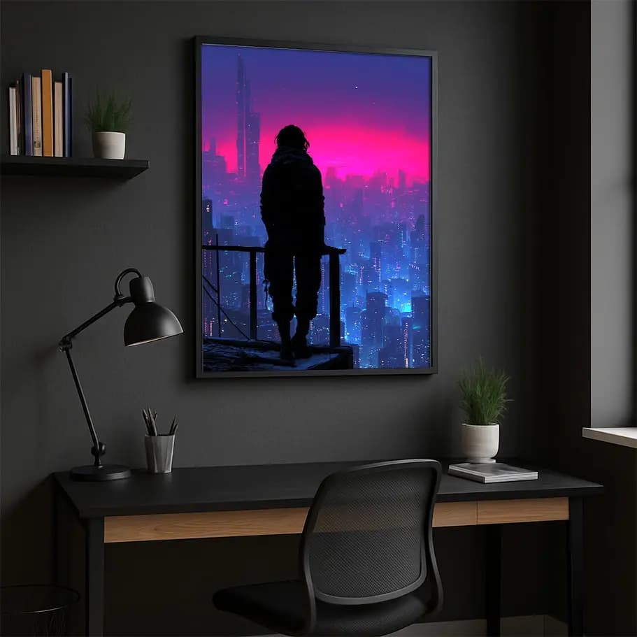 Neon Günbatımı Cyberpunk Şehir Posteri | Gece Manzarası Duvar Dekoru