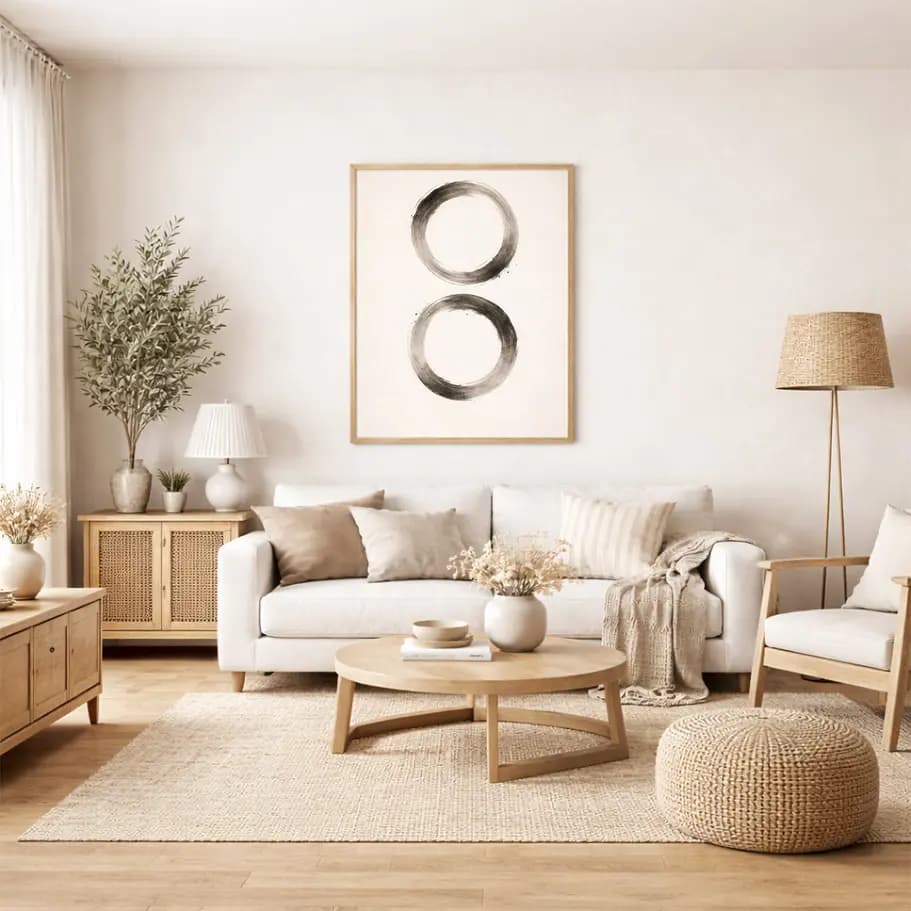 Minimal Soyut Poster: Bej Zeminde Fırça Darbesi Daireler