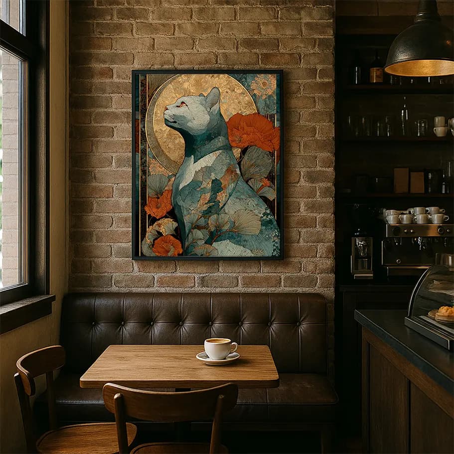 Art Nouveau Kedi Posteri | Çiçekli Vintage Duvar Dekoru