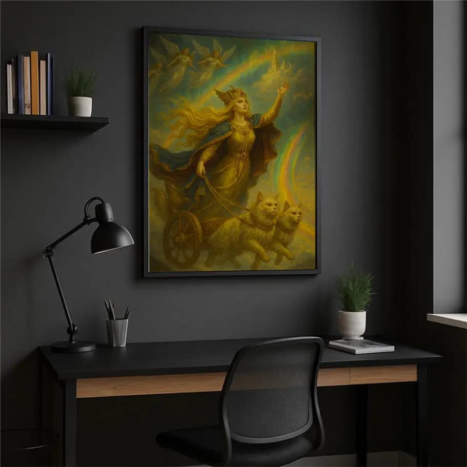 Mitolojik Tanrıça ve Kedili Savaş Arabası Posteri