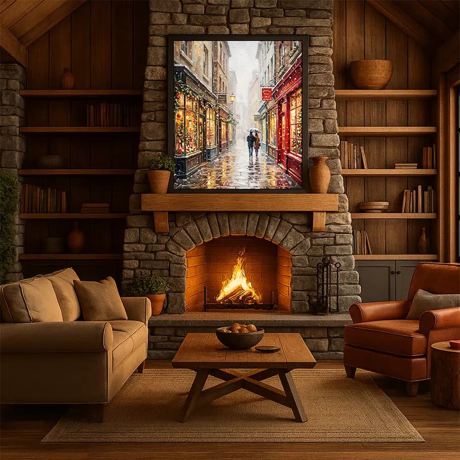 Karlı Yılbaşı Sokağı Poster – Romantik Şehir Işıkları