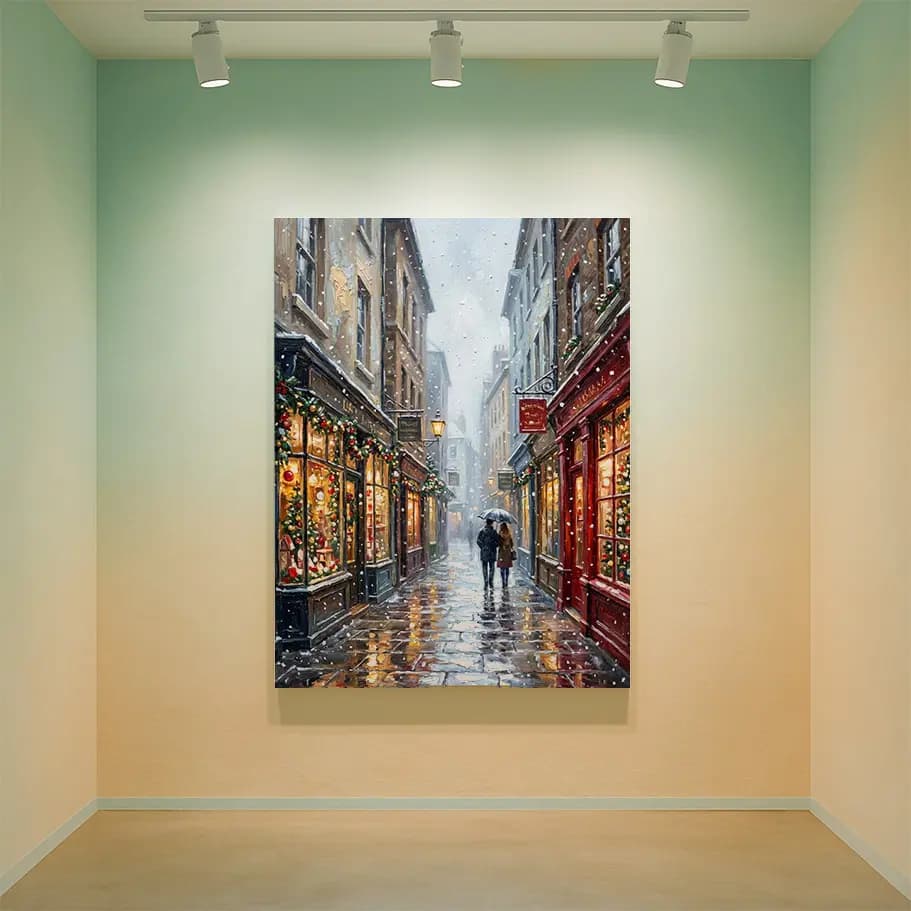 Karlı Yılbaşı Sokağı Poster – Romantik Şehir Işıkları