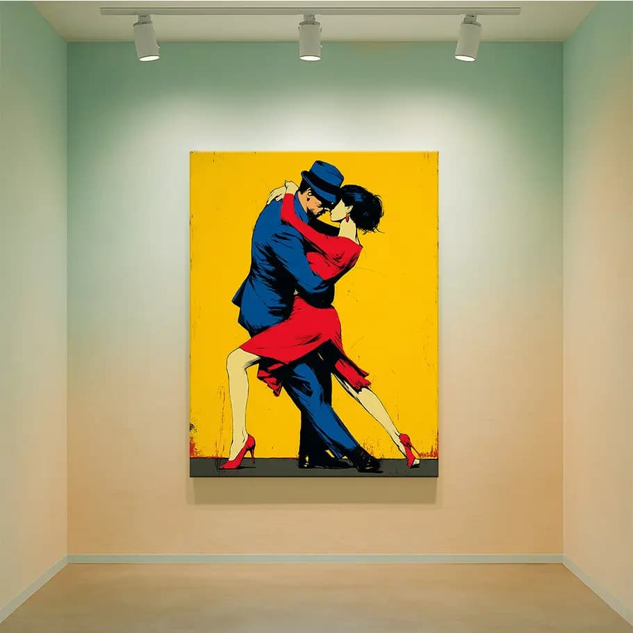 Tango Dansı Çift Poster – Kırmızı Elbise, Sarı Fon Modern Duvar Dekoru