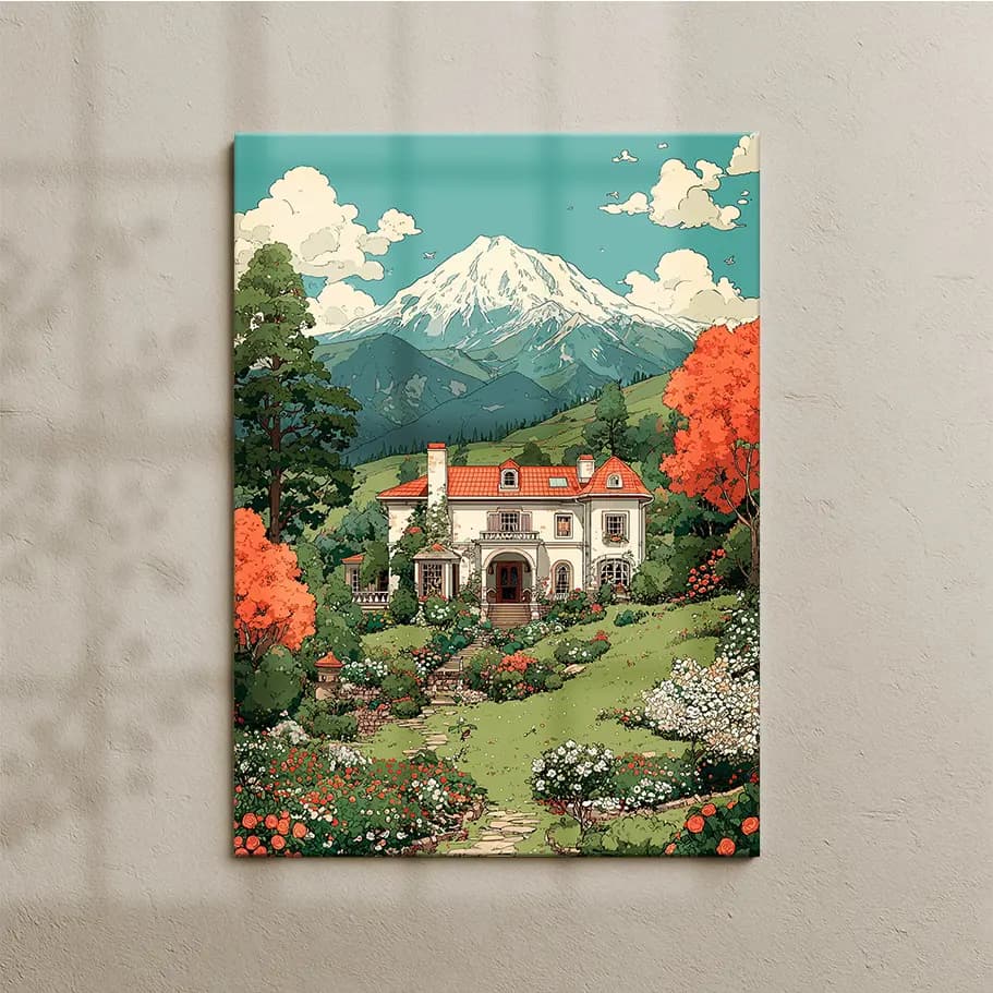 Dağ Manzaralı Villa ve Bahçe İllüstrasyon Posteri | Vintage Doğa Sanatı