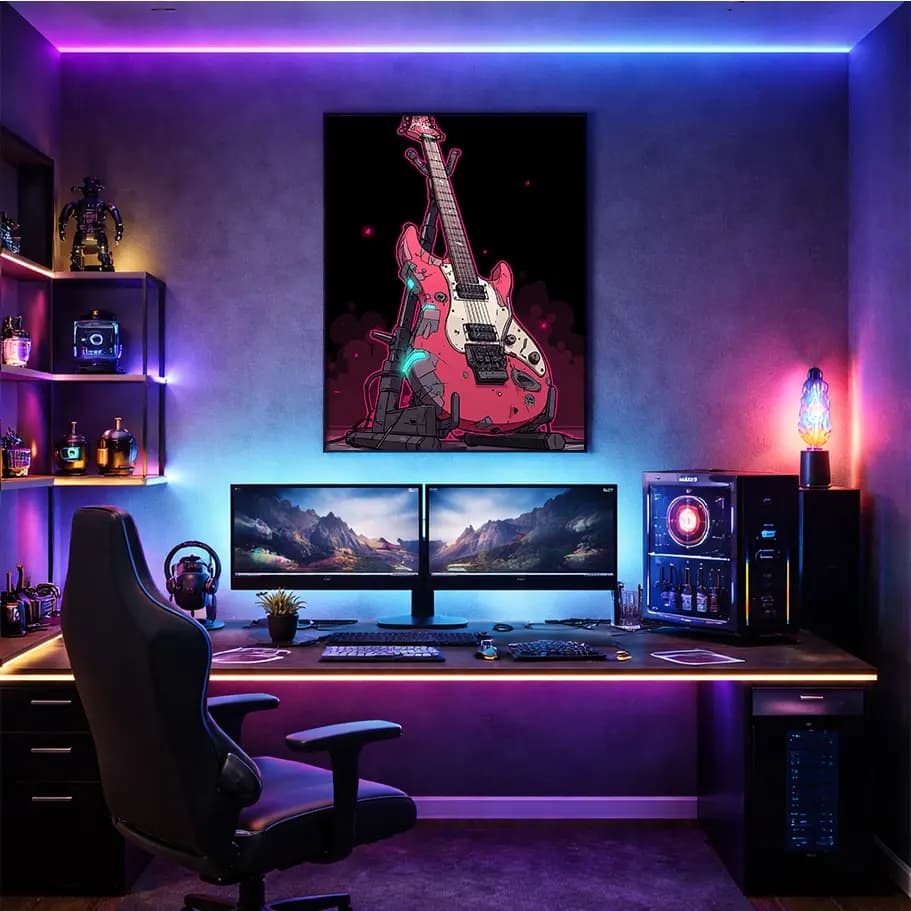 Neon Cyberpunk Elektro Gitar Poster | Rock Duvar Dekoru