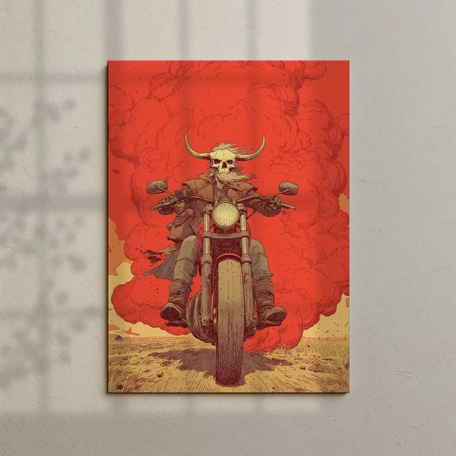 Boynuzlu Kuru Kafa Motorcu İllüstrasyonu Poster