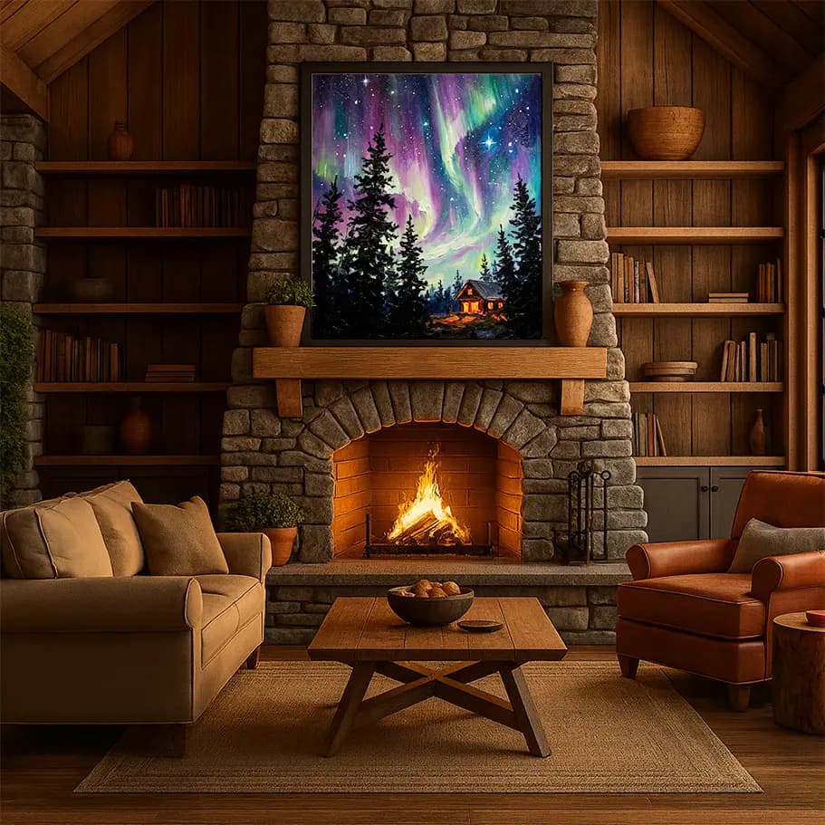 Kuzey Işıkları ve Dağ Evi Poster – Yıldızlı Gece Gökyüzü