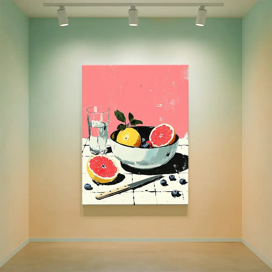 Pembe Arka Planda Meyve Kasesi ve Su Bardağı