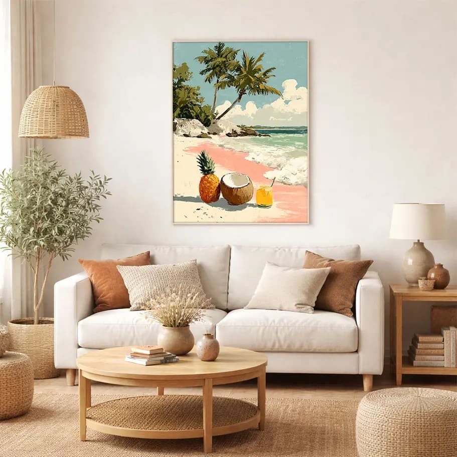 Hindistan Cevizi ve Kokteyl İllüstrasyonu - Retro Duvar Sanatı