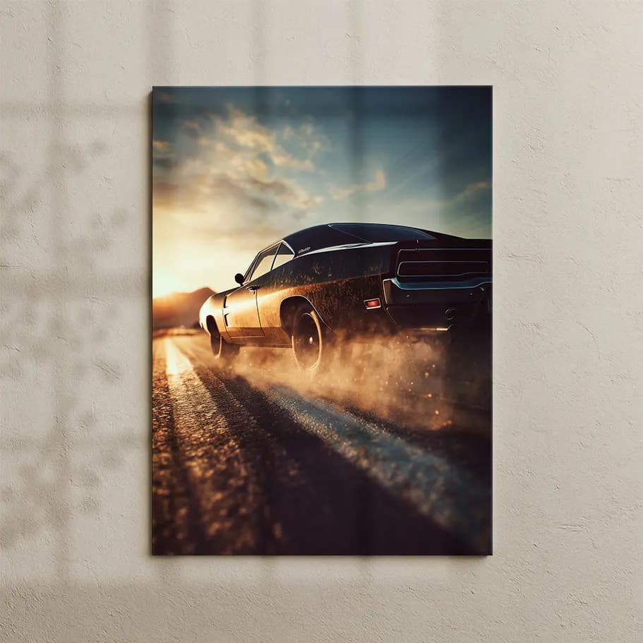 Klasik Muscle Car Çöl Yolu Poster | Gün Batımı