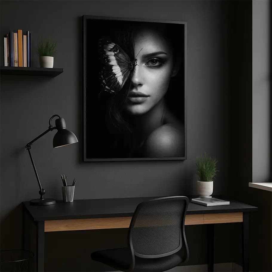 Kelebekli Siyah Beyaz Kadın Portresi