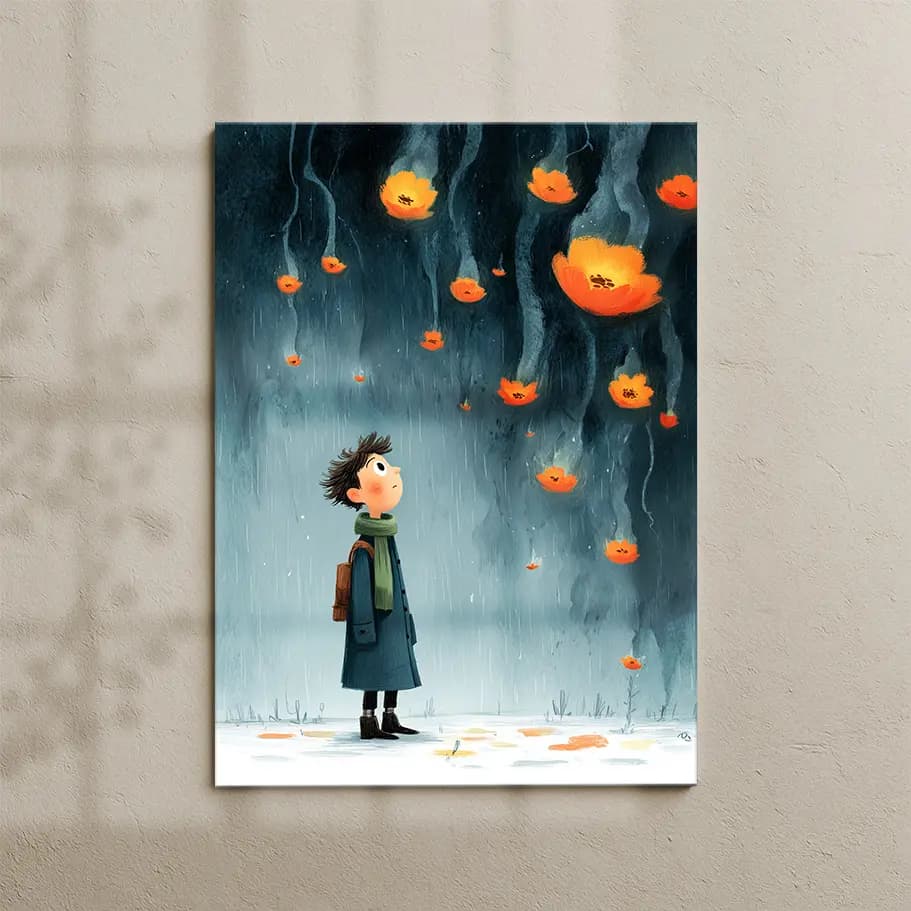 Yağmurda Turuncu Çiçekler – Masalsı İllüstrasyon Poster