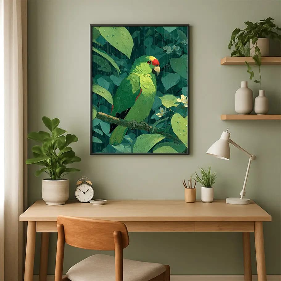 Tropik Yağmur ve Yeşil Papağan İllüstrasyon Posteri