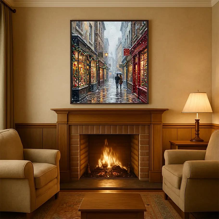 Karlı Yılbaşı Sokağı Poster – Romantik Şehir Işıkları