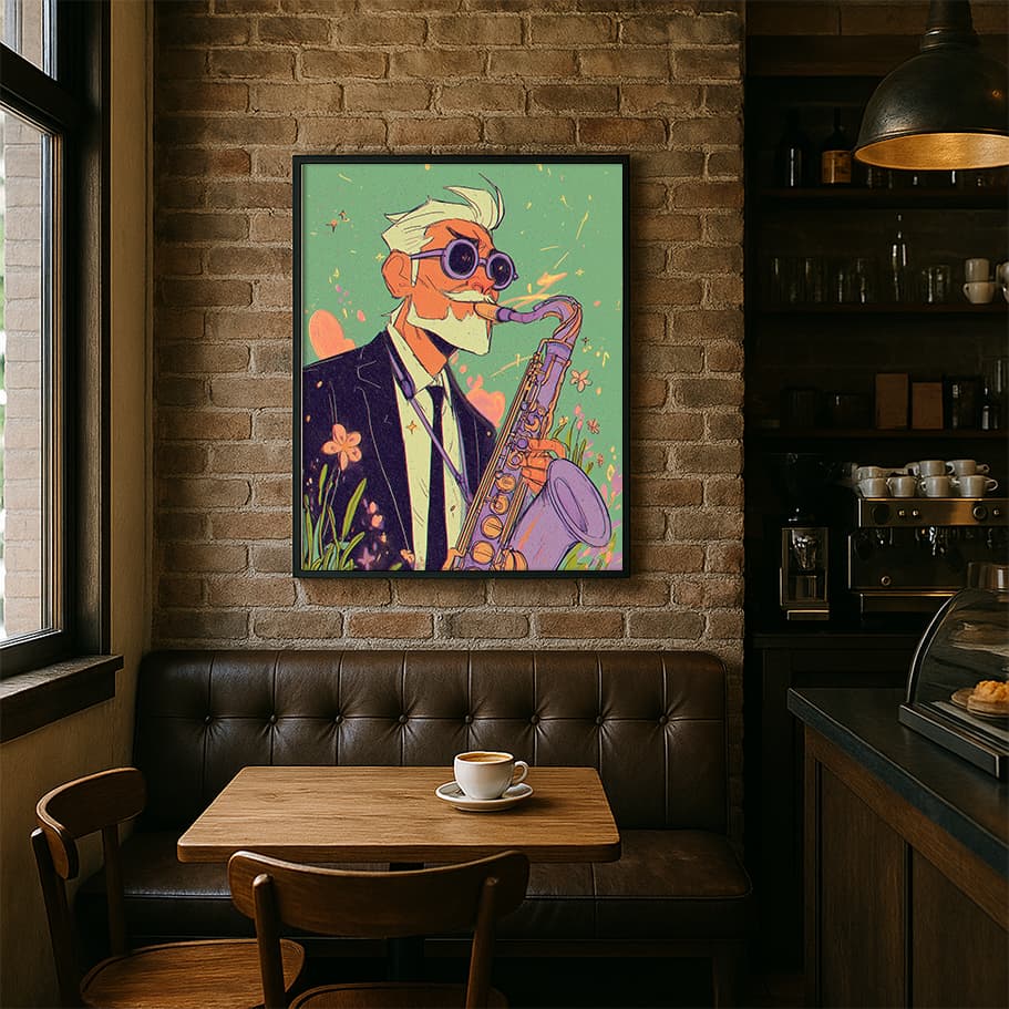 Retro Jazz Saksafon Poster – Pastel Renkli Müzik Temalı Duvar Tablosu