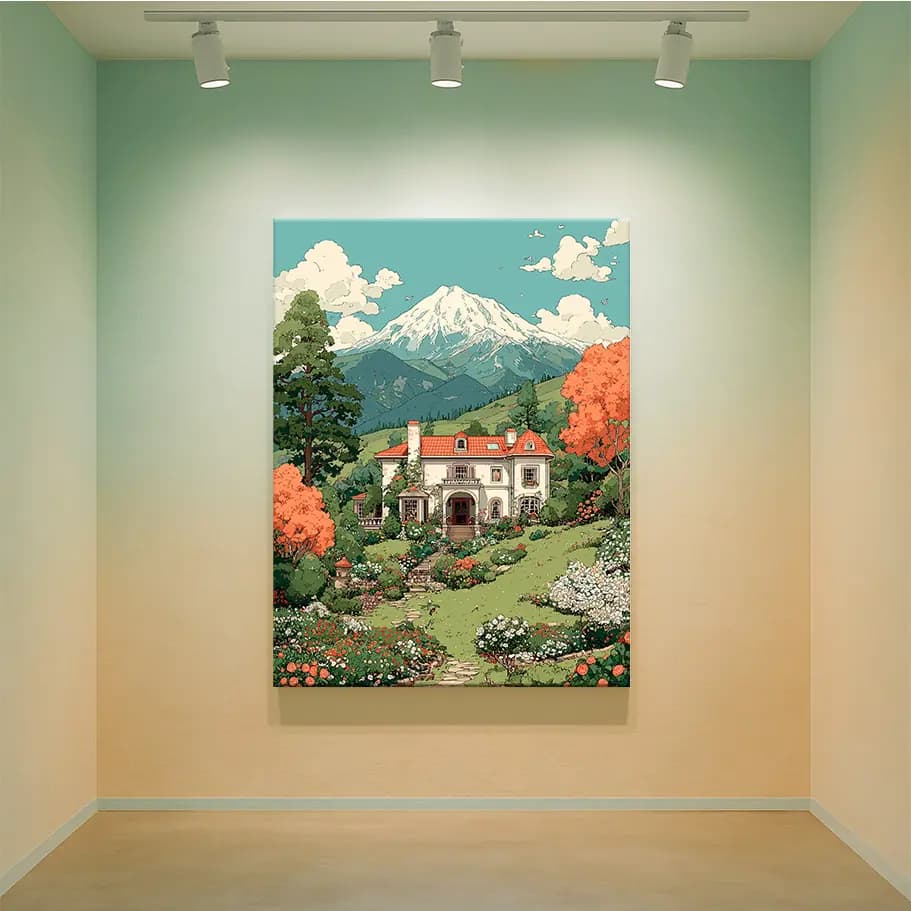 Dağ Manzaralı Villa ve Bahçe İllüstrasyon Posteri | Vintage Doğa Sanatı