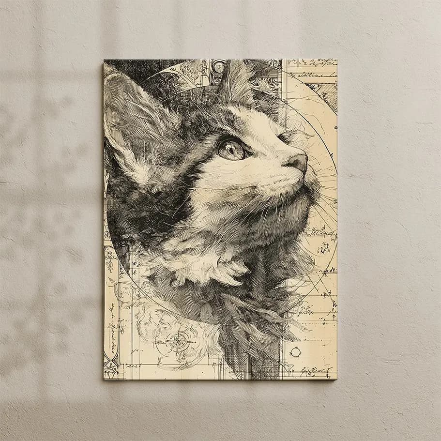 Mühendis Kedisi Çizim Posteri | Teknik Eskiz Duvar Tablosu