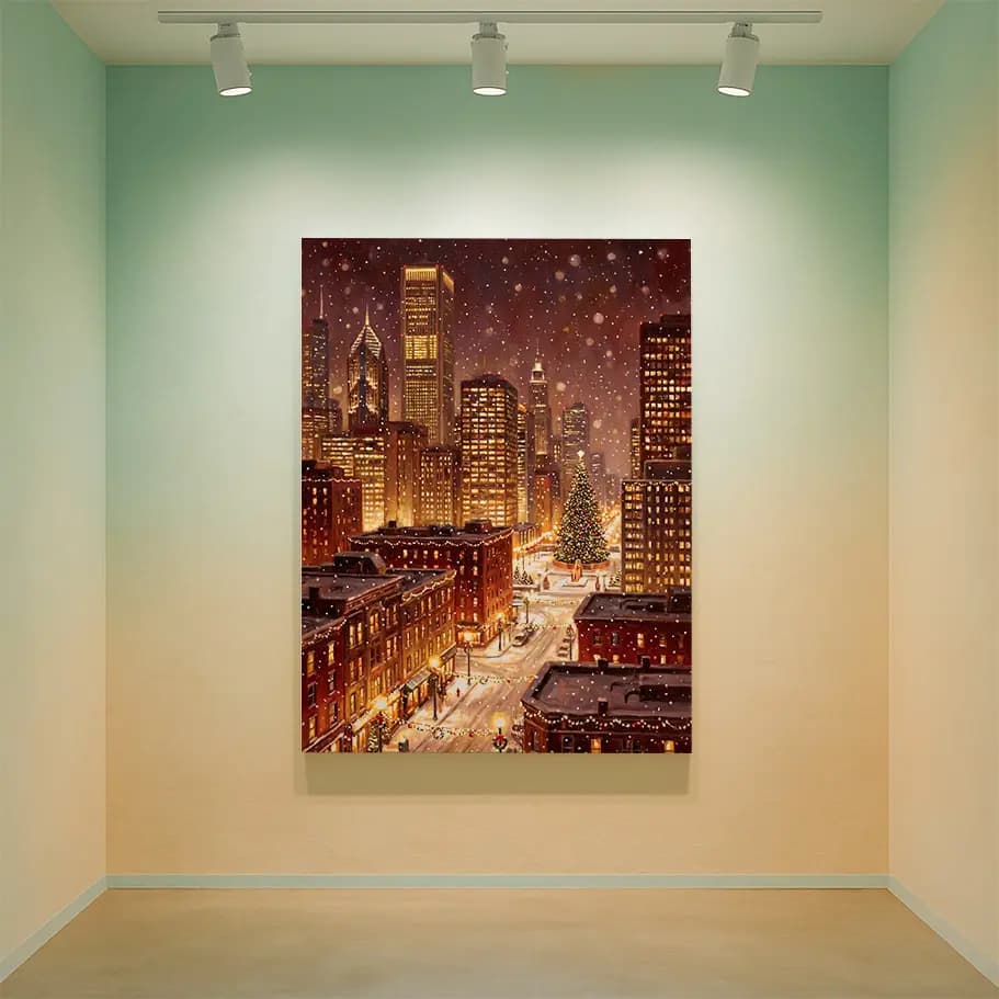 Karlı Yılbaşı Şehir Manzarası Poster – Işıklı Noel Ağacı