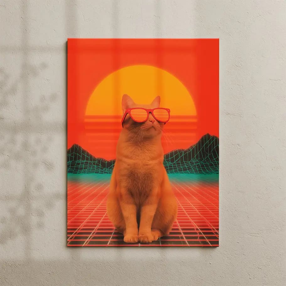 Retro Synthwave Kedi Posteri | Neon Güneş & Grid Tasarım