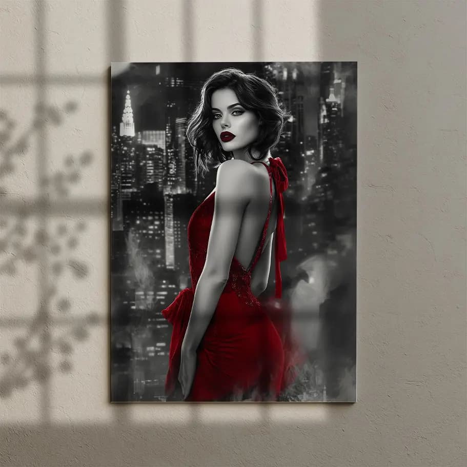 Kırmızı Elbiseli Kadın Kanvas Tablo Noir Siyah Beyaz Şehir Poster