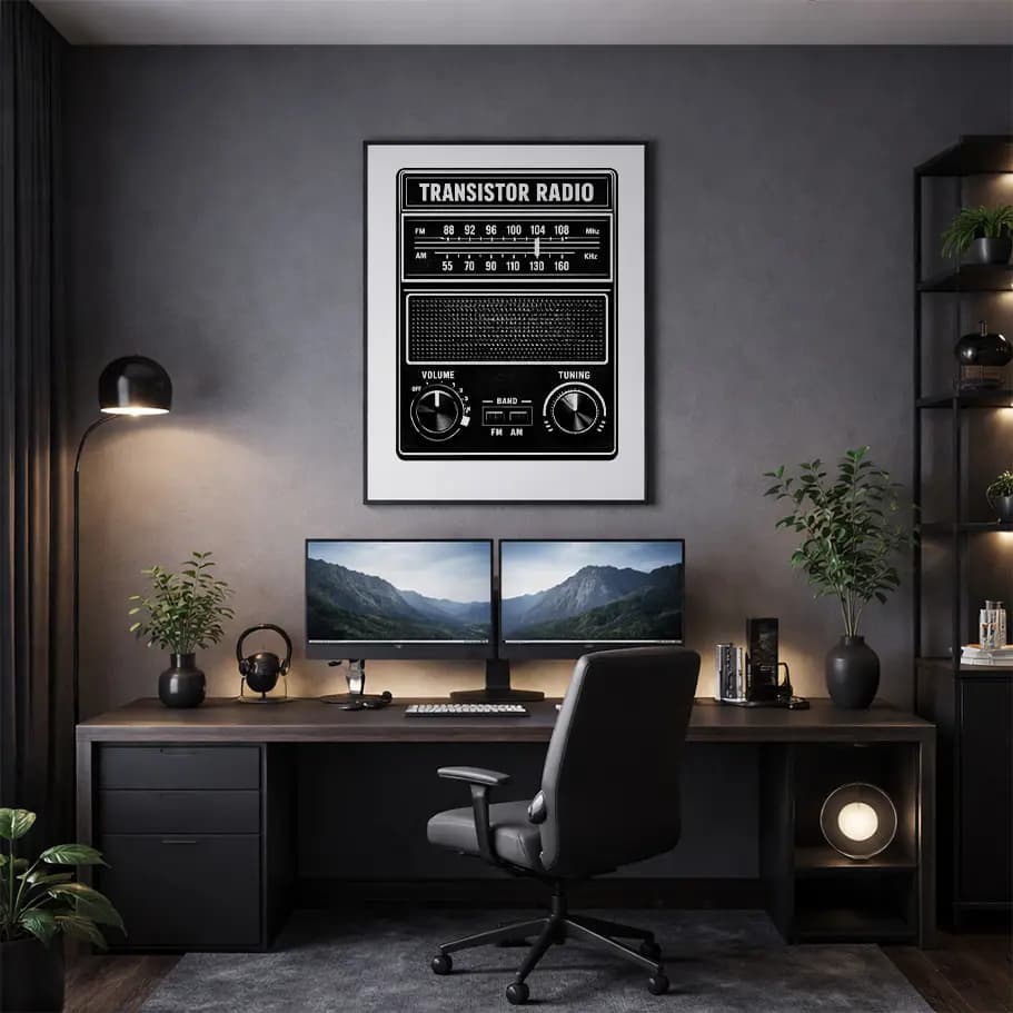Retro Transistör Radyo Siyah Beyaz Poster