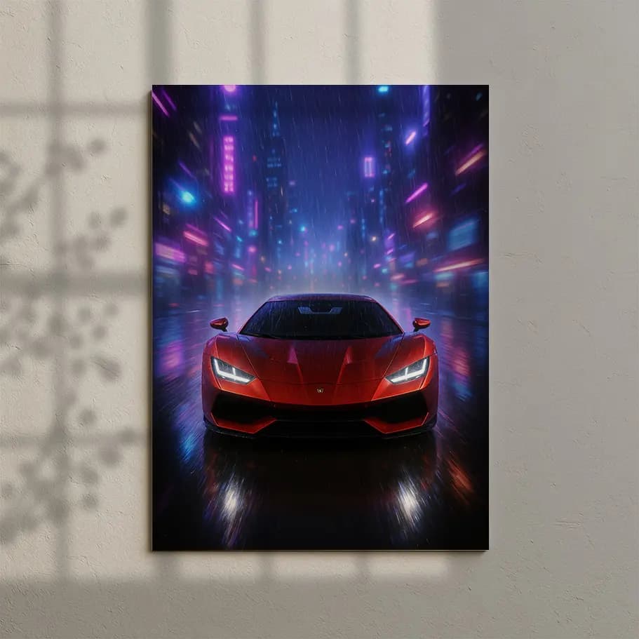 Kırmızı Süper Araba Neon Şehirde