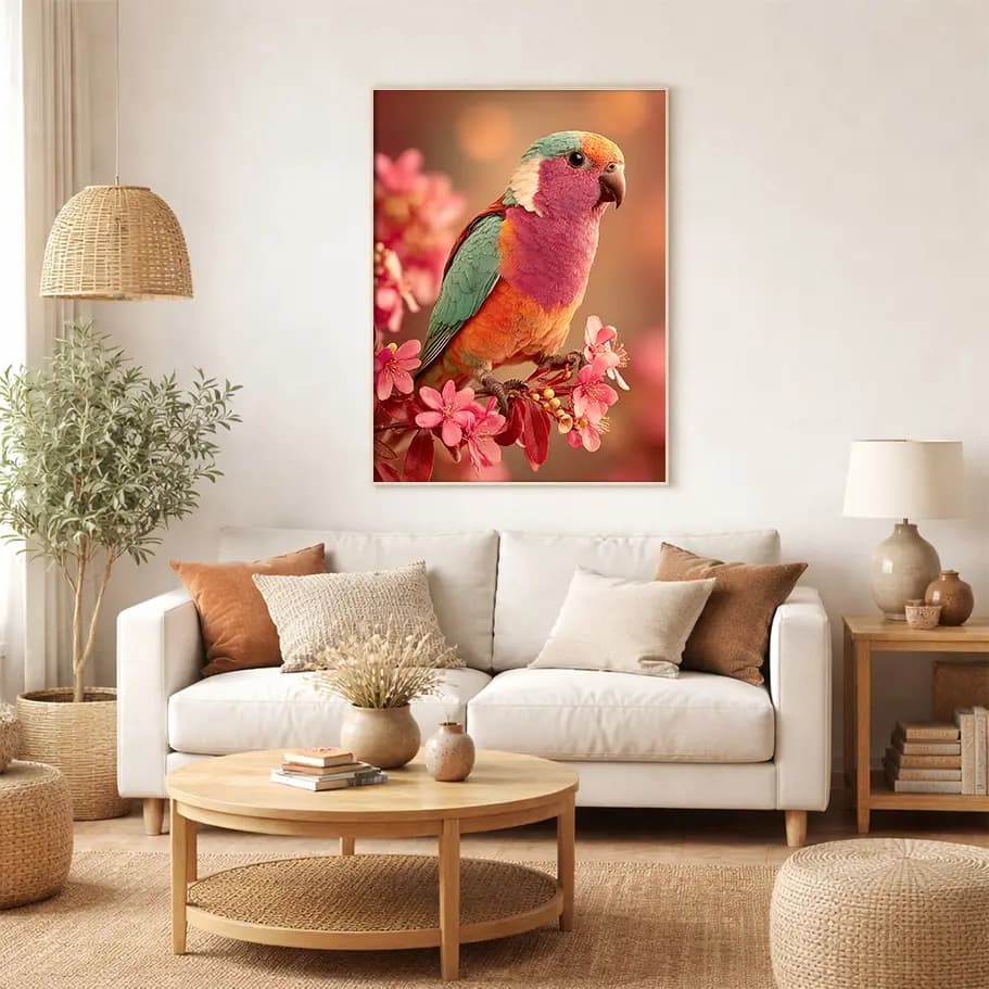 Renkli Papağan & Kiraz Çiçeği Posteri | Bahar Duvar Dekoru