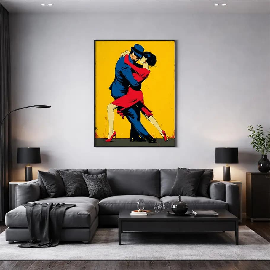 Tango Dansı Çift Poster – Kırmızı Elbise, Sarı Fon Modern Duvar Dekoru