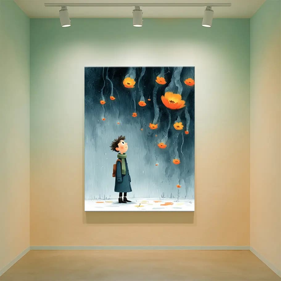 Yağmurda Turuncu Çiçekler – Masalsı İllüstrasyon Poster