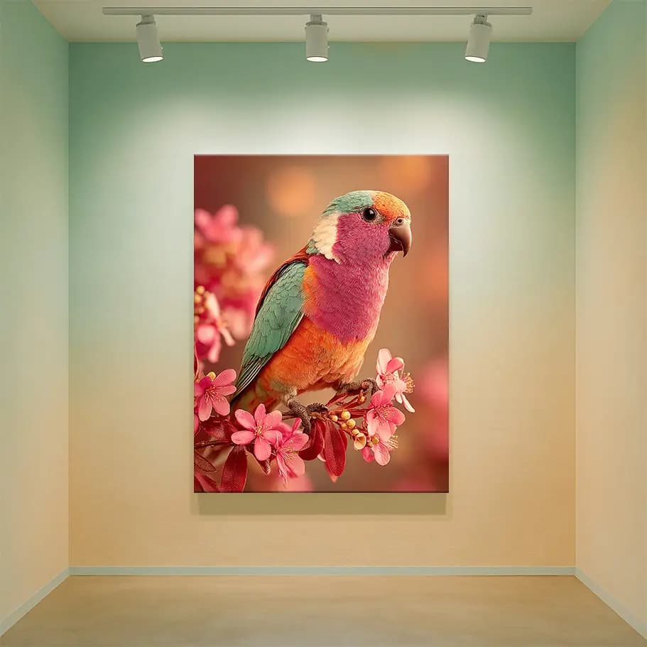 Renkli Papağan & Kiraz Çiçeği Posteri | Bahar Duvar Dekoru