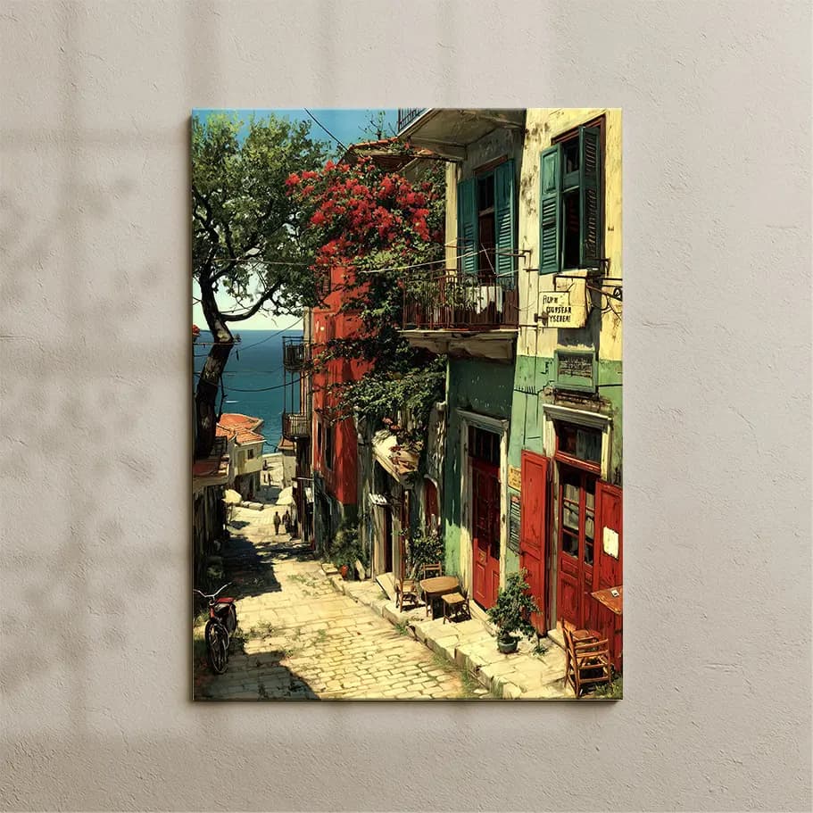 Renkli Sahil Sokağı Poster | Begonvilli Taş Sokak, Deniz Manzaralı Duvar Dekoru