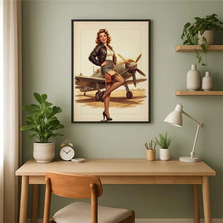 Vintage Pin-Up Kız ve Savaş Uçağı