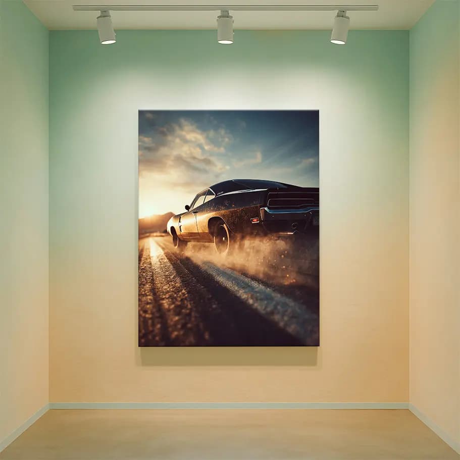 Klasik Muscle Car Çöl Yolu Poster | Gün Batımı