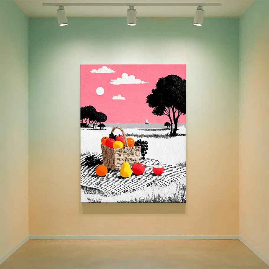 Renkli Meyve Dolu Hasır Piknik Sepeti