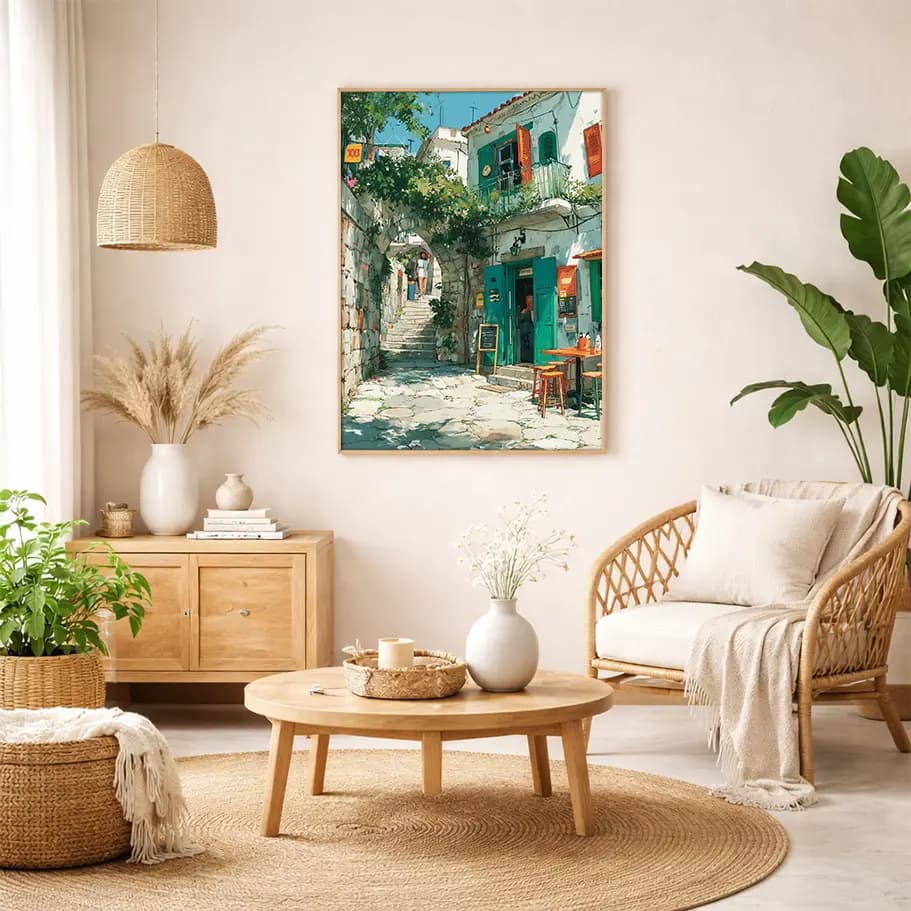 Akdeniz Sokak Kafesi Posteri | Yaz Işığı, Taş Kemer ve Turkuaz Kapılar