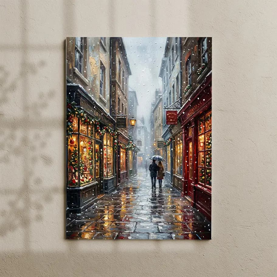 Karlı Yılbaşı Sokağı Poster – Romantik Şehir Işıkları