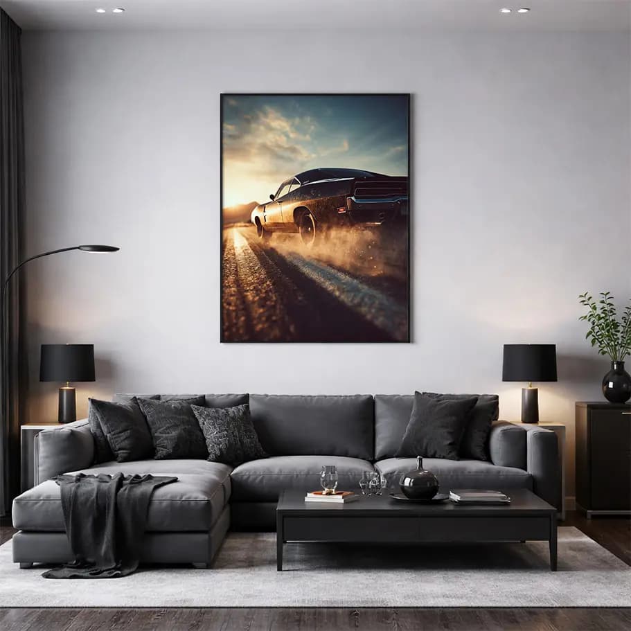 Klasik Muscle Car Çöl Yolu Poster | Gün Batımı
