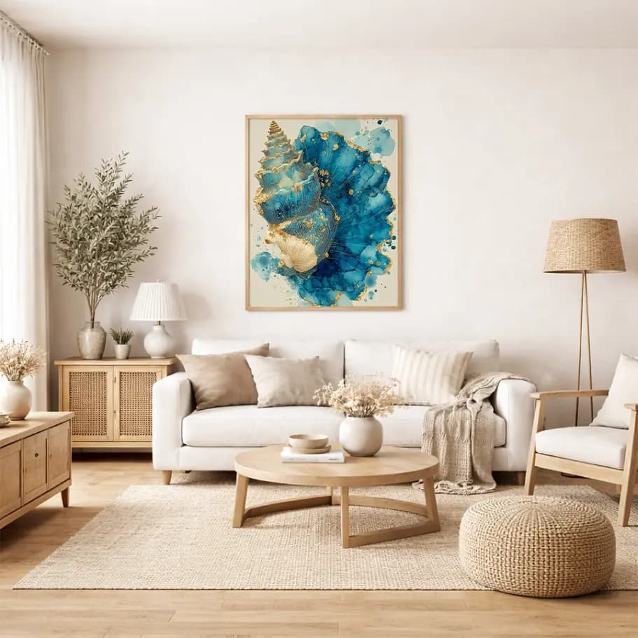 Altın Detaylı Mavi Deniz Kabuğu Poster
