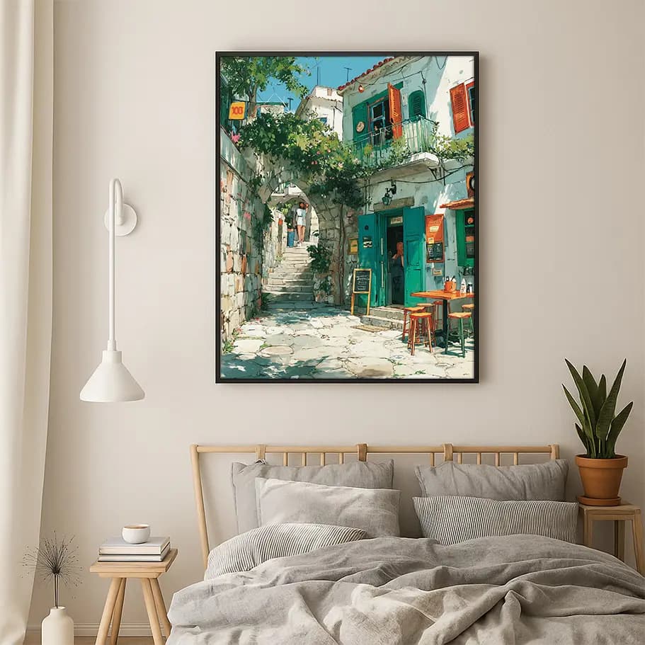 Akdeniz Sokak Kafesi Posteri | Yaz Işığı, Taş Kemer ve Turkuaz Kapılar