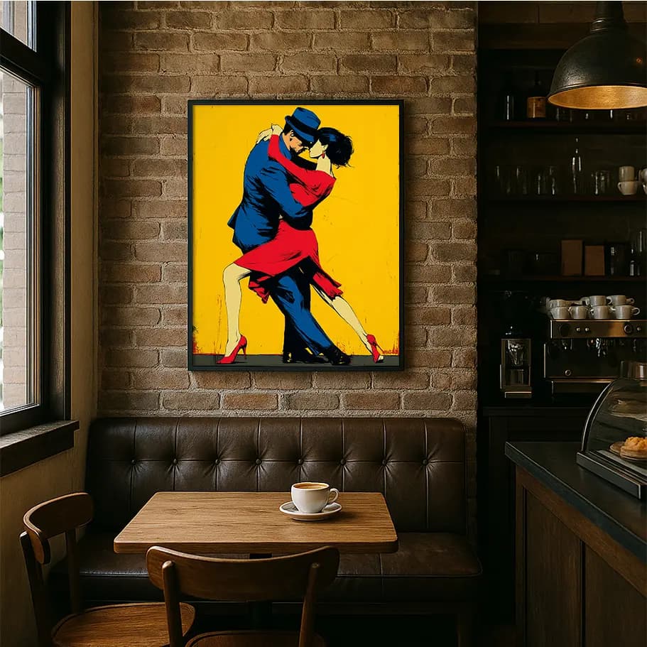 Tango Dansı Çift Poster – Kırmızı Elbise, Sarı Fon Modern Duvar Dekoru