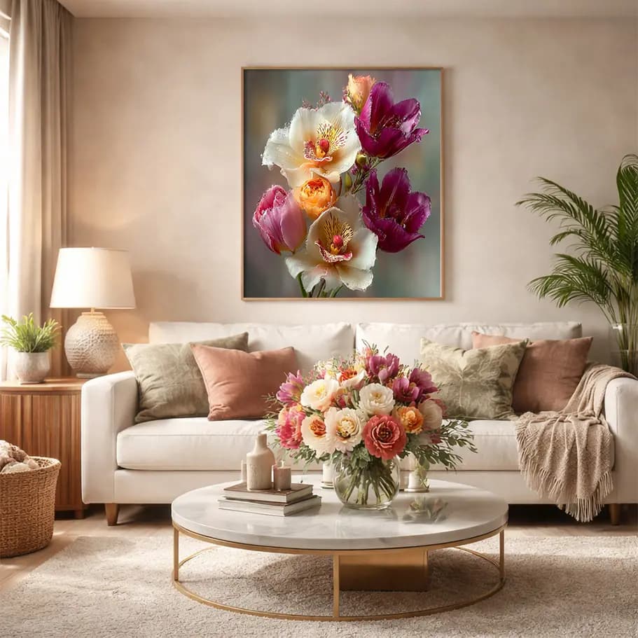 Orkide & Lale Çiçek Buketi Poster | Soft Floral Duvar Tablosu