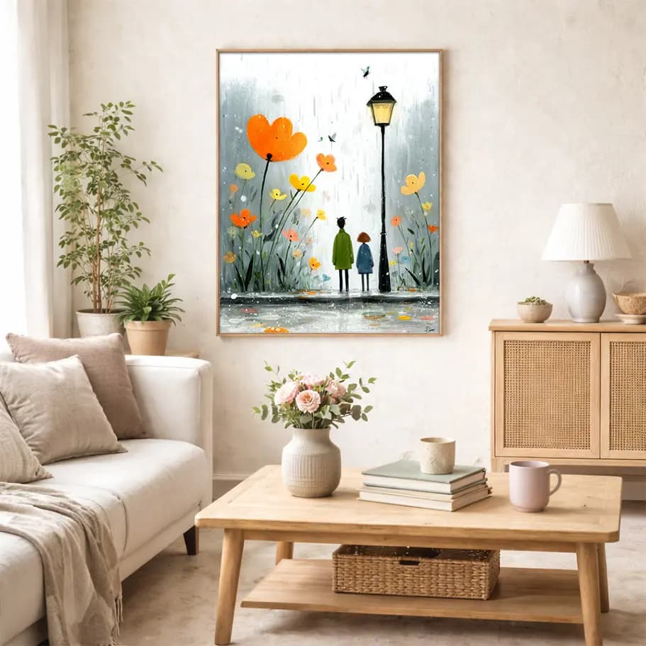 Masalsı Yağmur ve Turuncu Çiçekler – Sulu Boya Masalsı Duvar Tablosu
